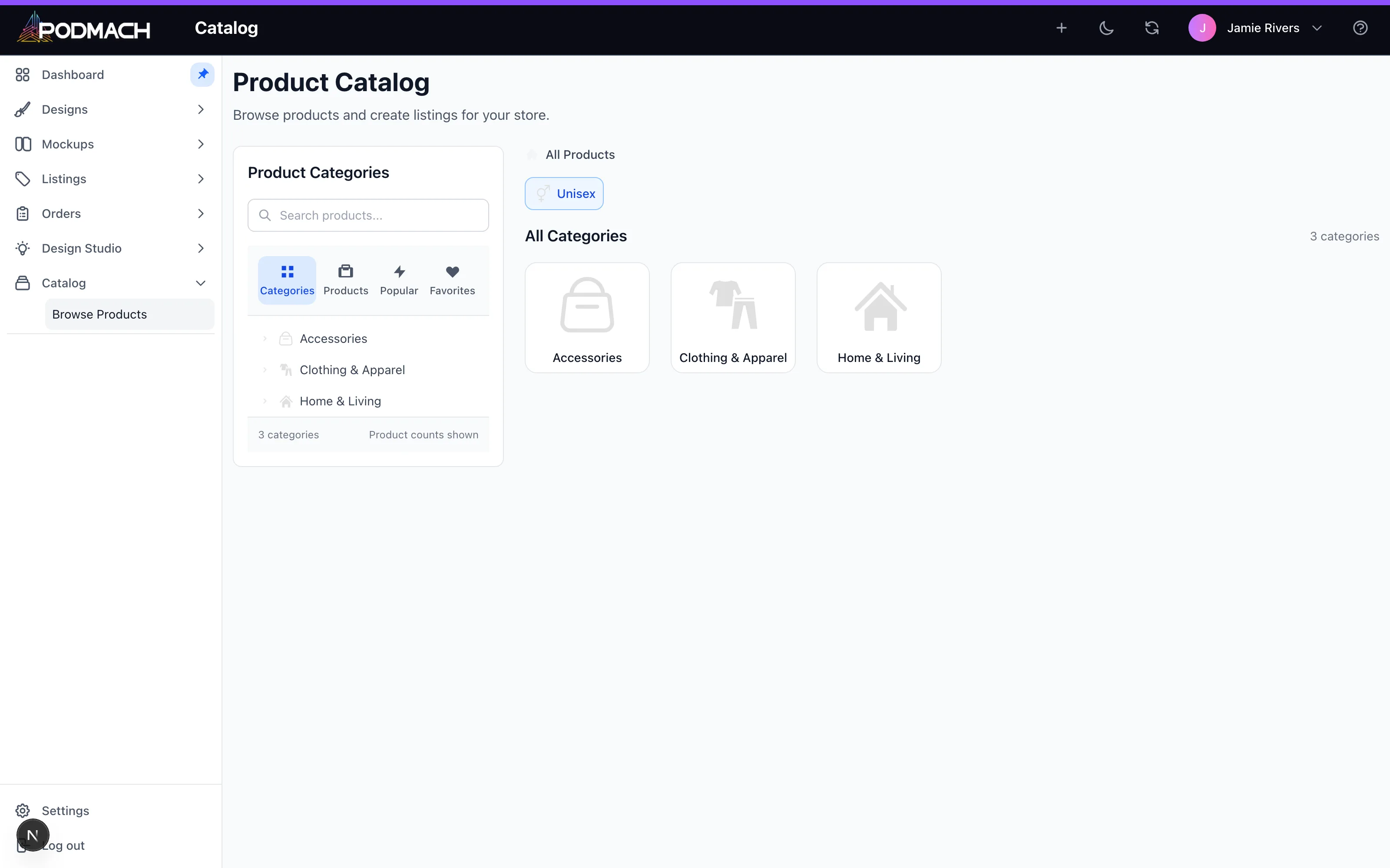 The catalog's browse view — products organized by category, searchable by name.