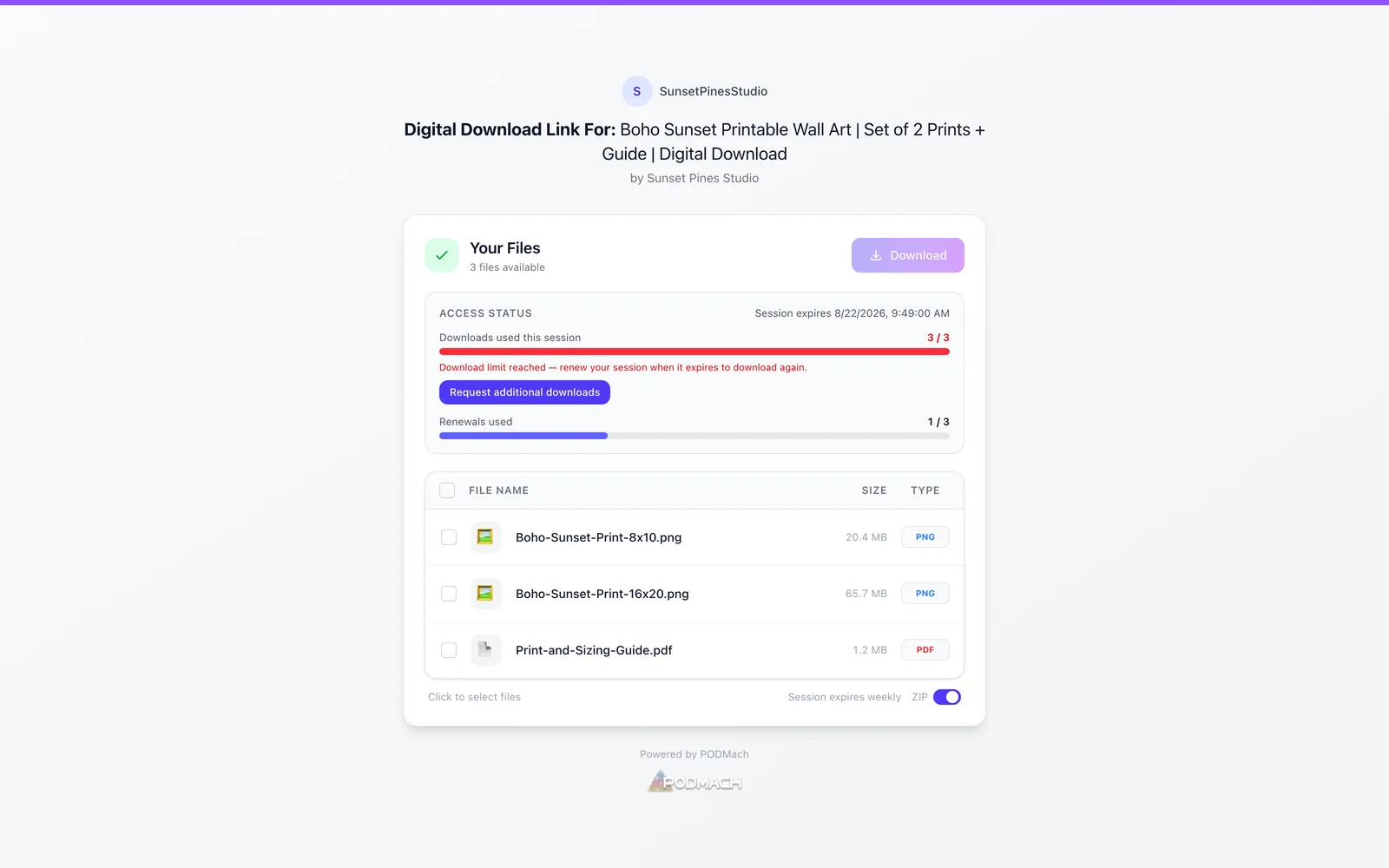 When limits are reached, the page offers Request more access — one click to the seller.