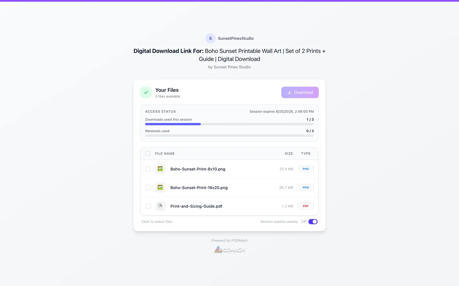 A buyer's download page — files with sizes, session status bars for downloads and renewals, per-file or zip download.