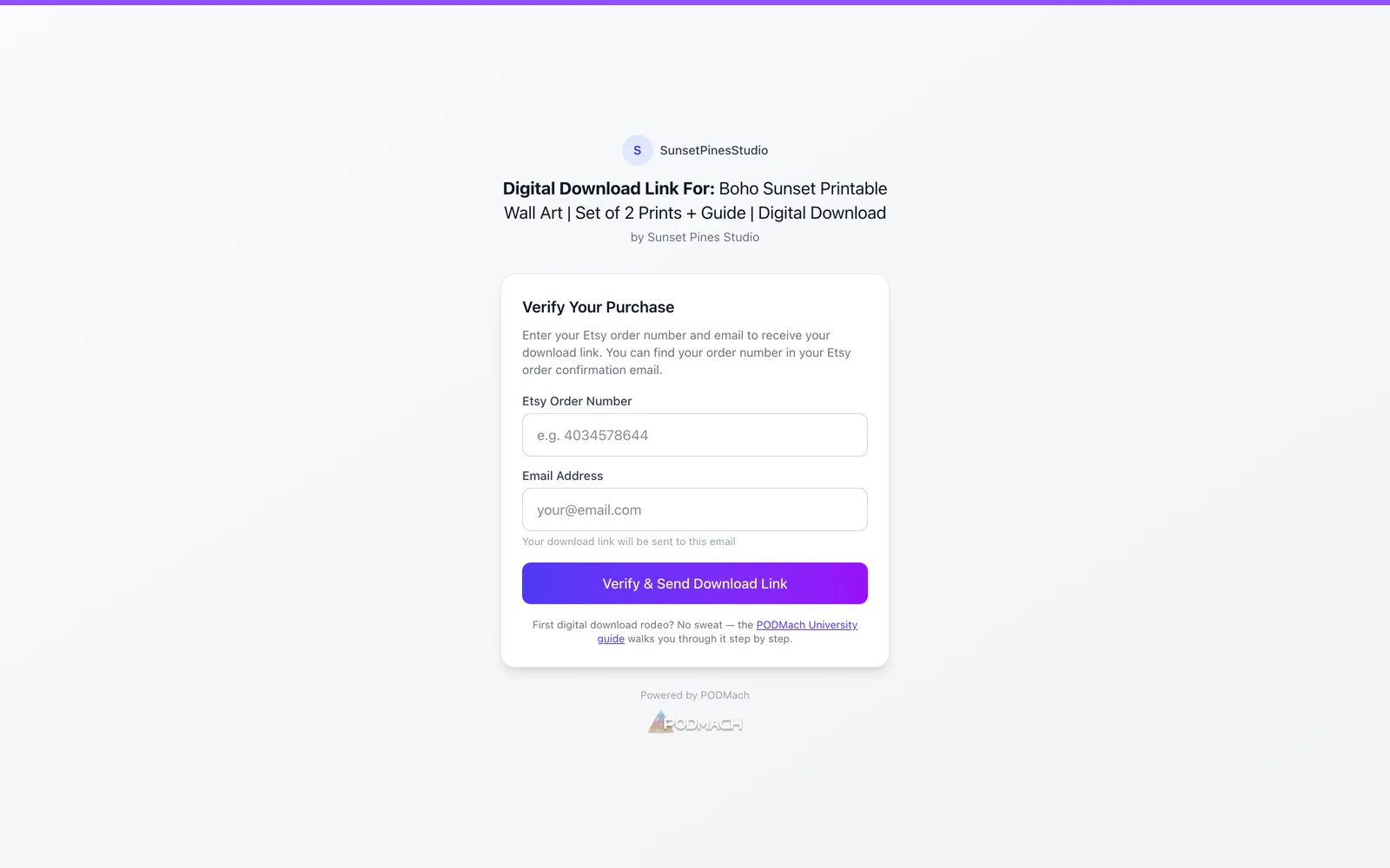 The verification page a buyer's link opens — order number + email, branded with the seller's shop, with the download link delivered by email.