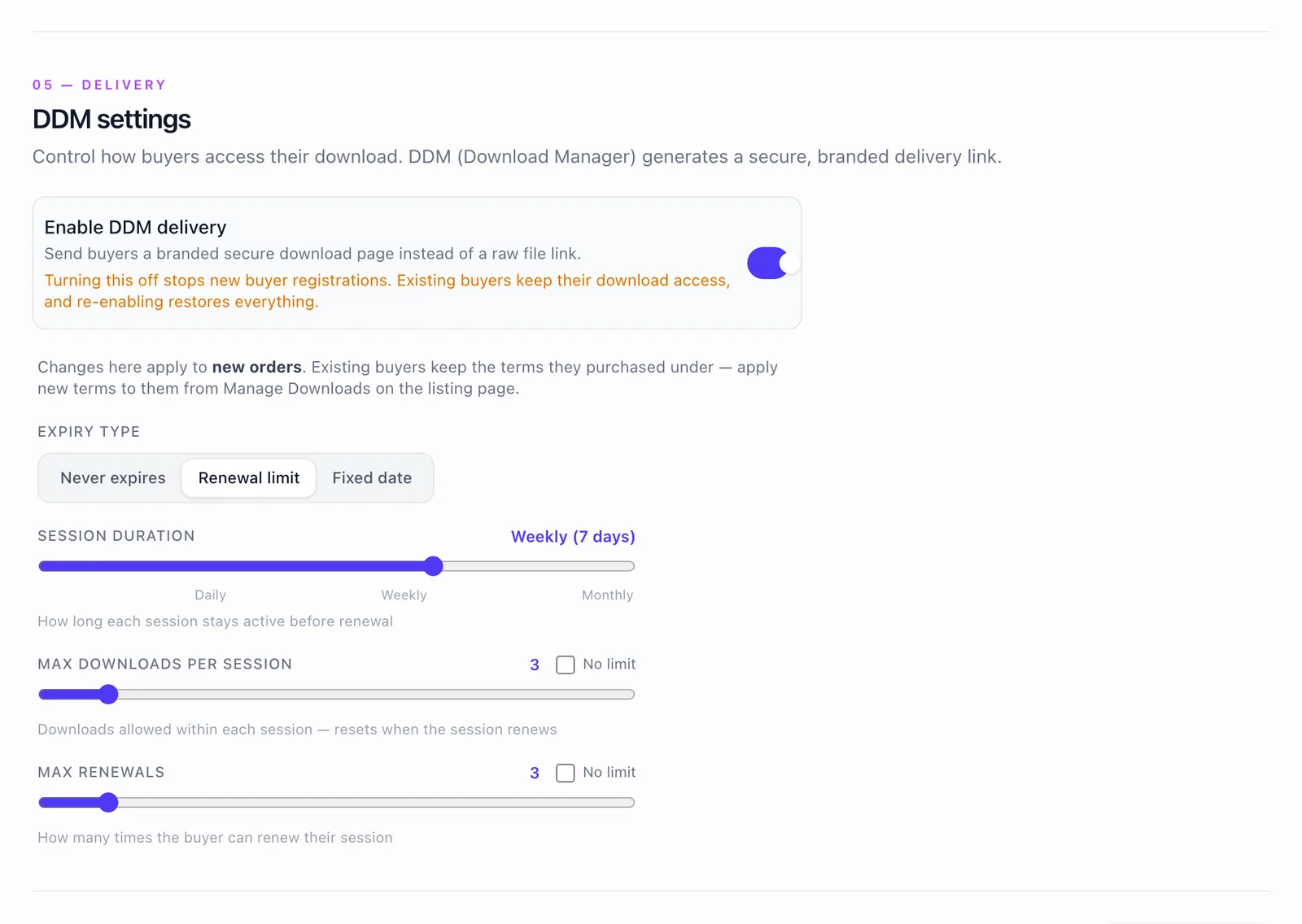 A listing's DDM settings, editable after publish — expiry, renewals, downloads per window, final expiration.