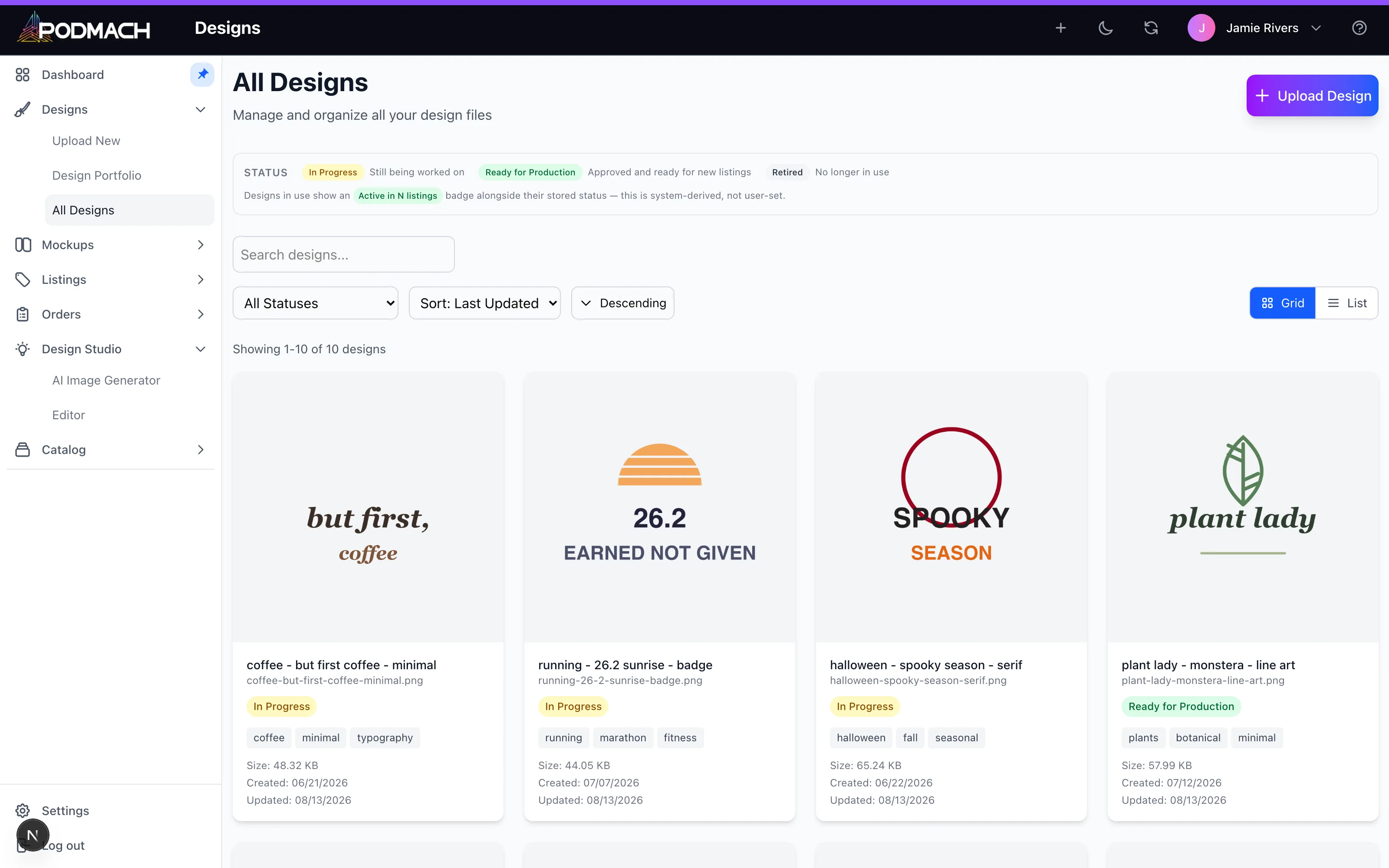 The design library — every design with its status, tags, and usage, searchable and sortable.