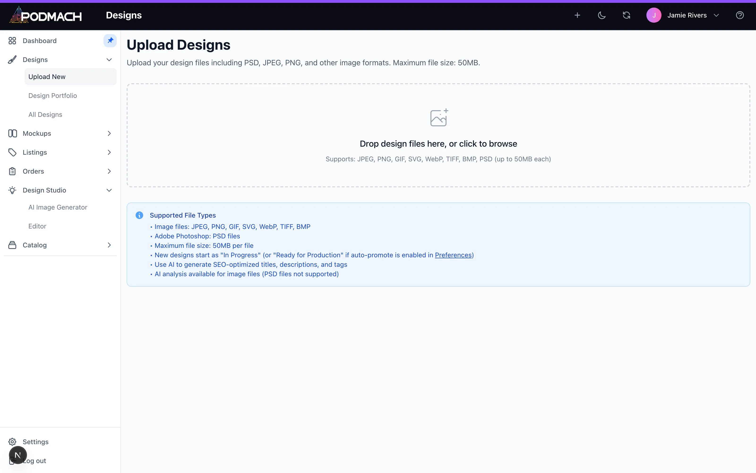 Designs → Upload — drag-and-drop for PNG, JPEG, SVG, and PSD files up to 50MB each.
