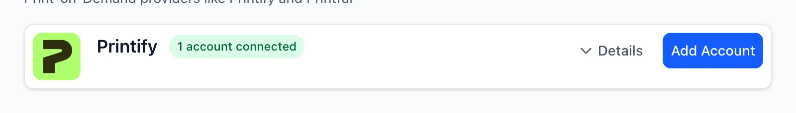 Printify showing as connected on the integrations page.