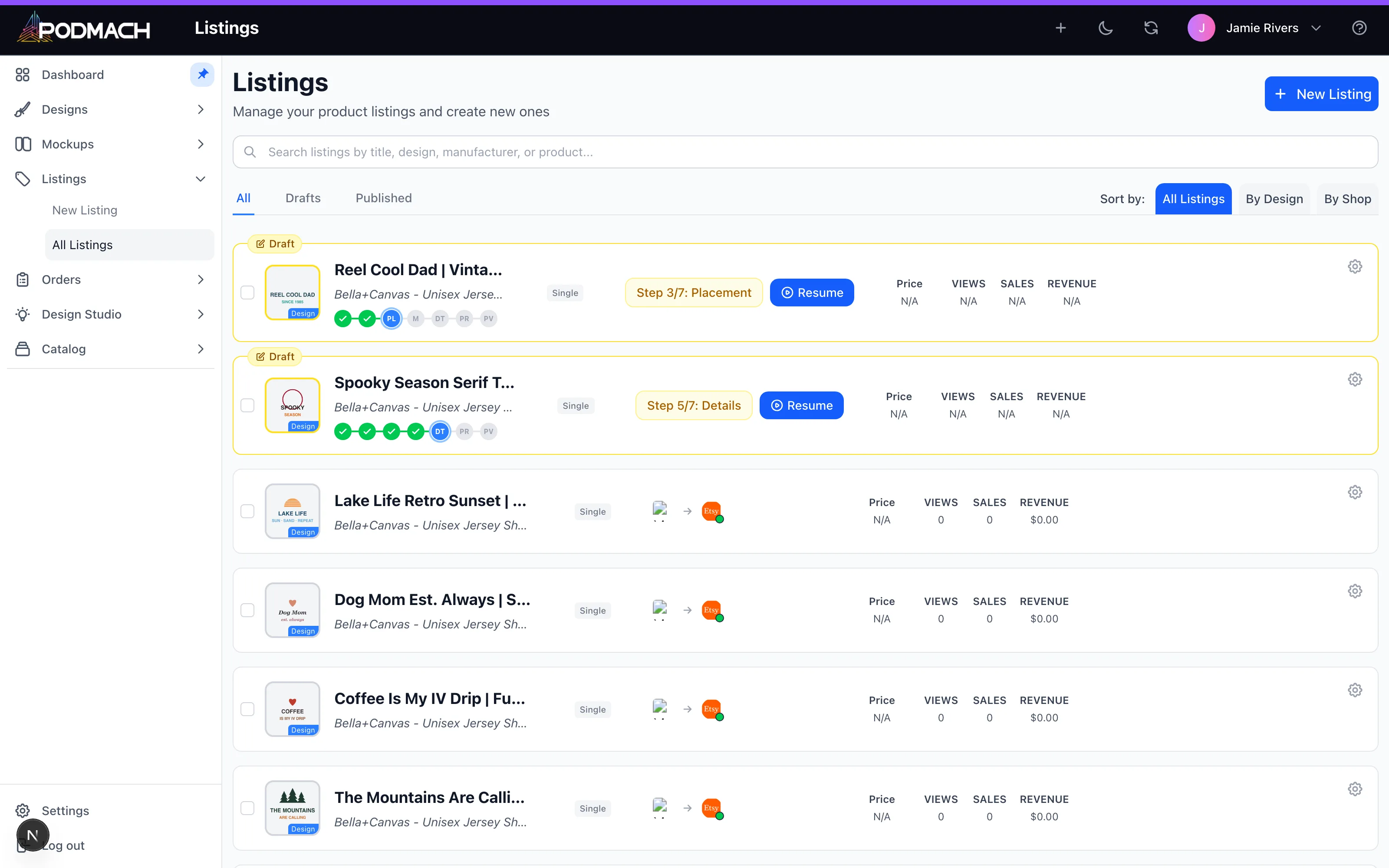 The listings page — drafts resumable mid-wizard, published listings tracking views, sales, and revenue per channel.