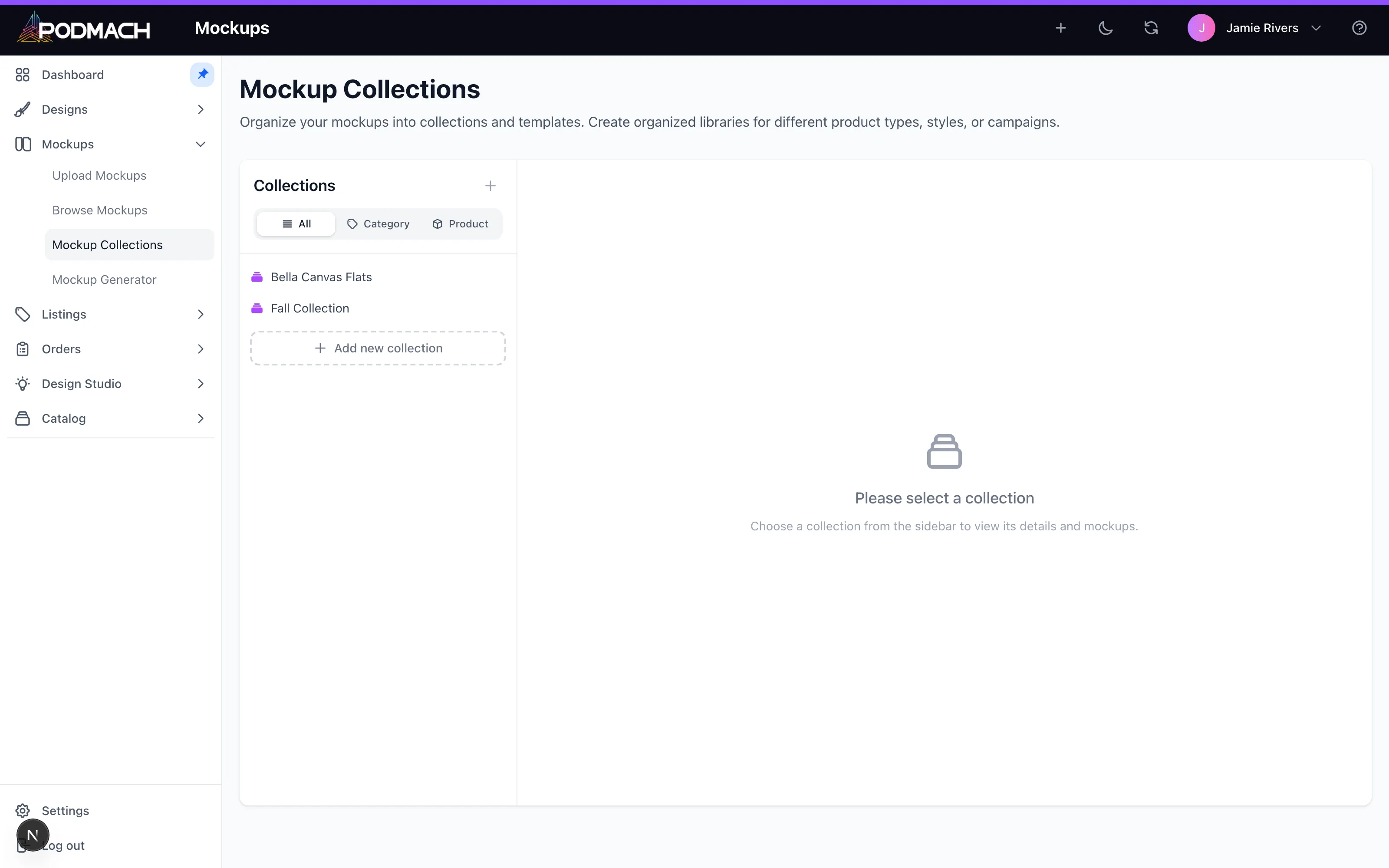 Mockup Collections — grouped sets like a per-blueprint standard eight, reusable on every listing.