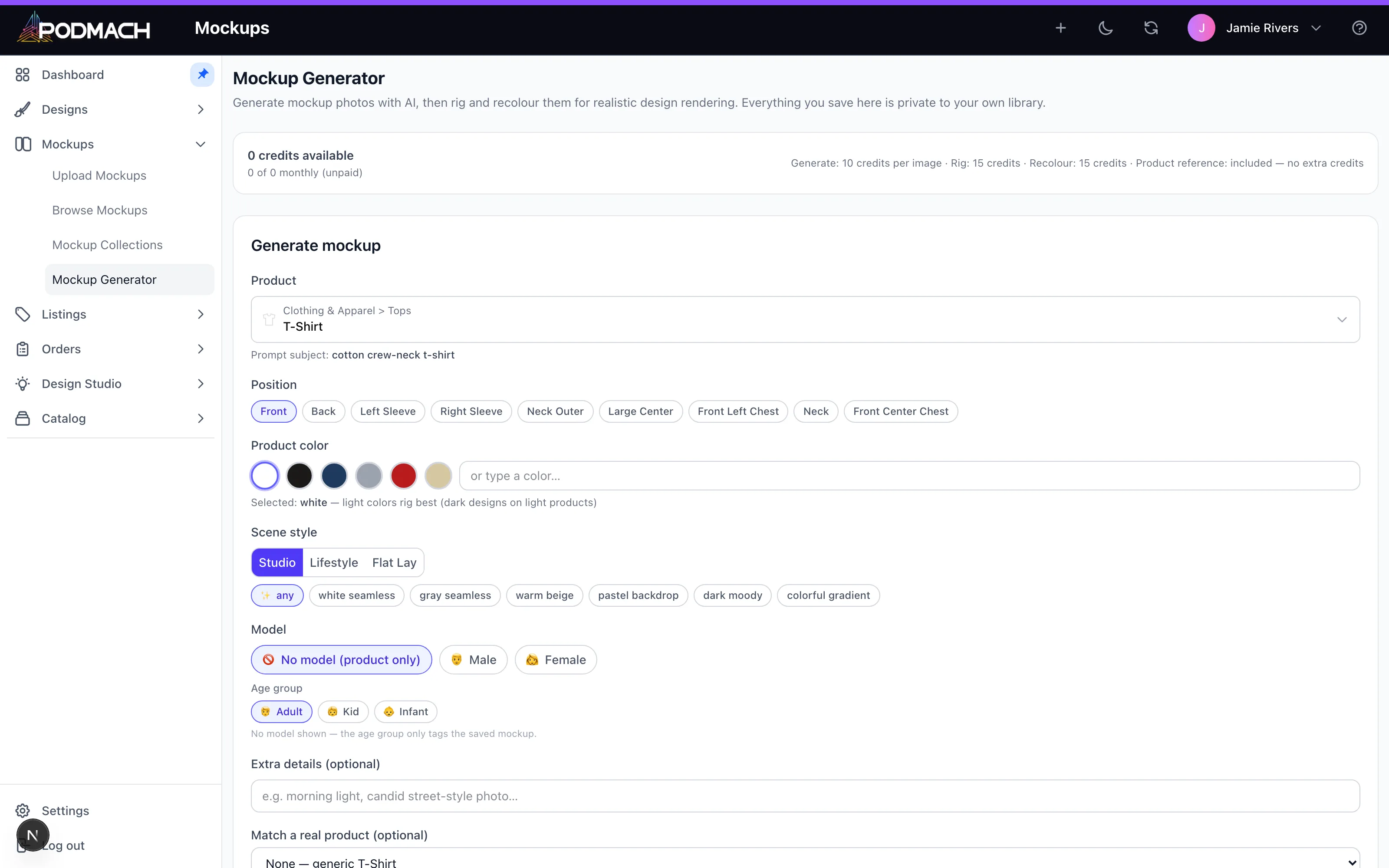 The Mockup Generator — pick product, position, color, and scene style, then generate.