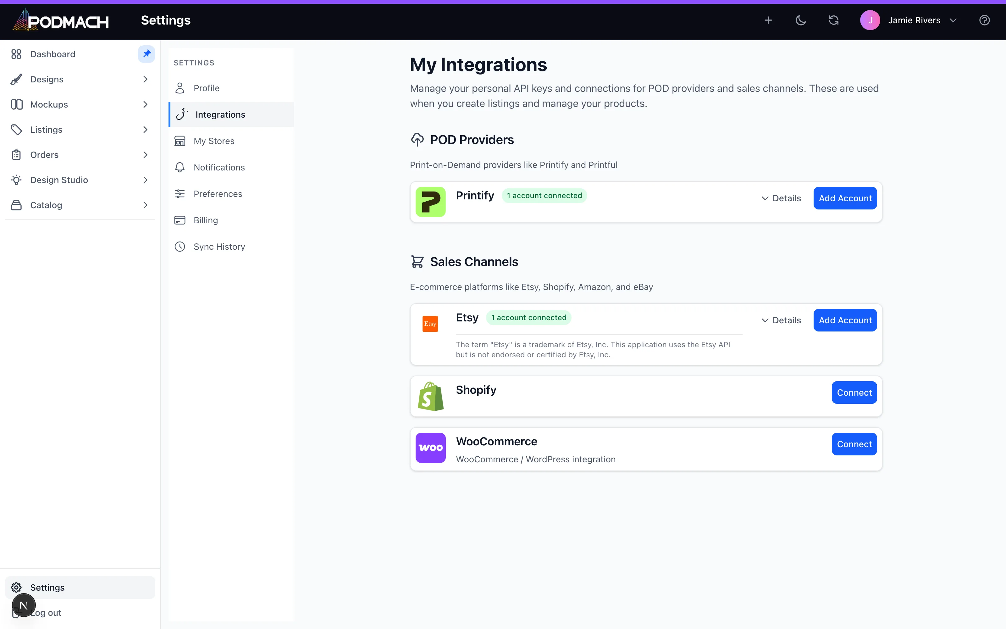 Settings → Integrations — print providers on top, sales channels below, each connecting with one authorization.