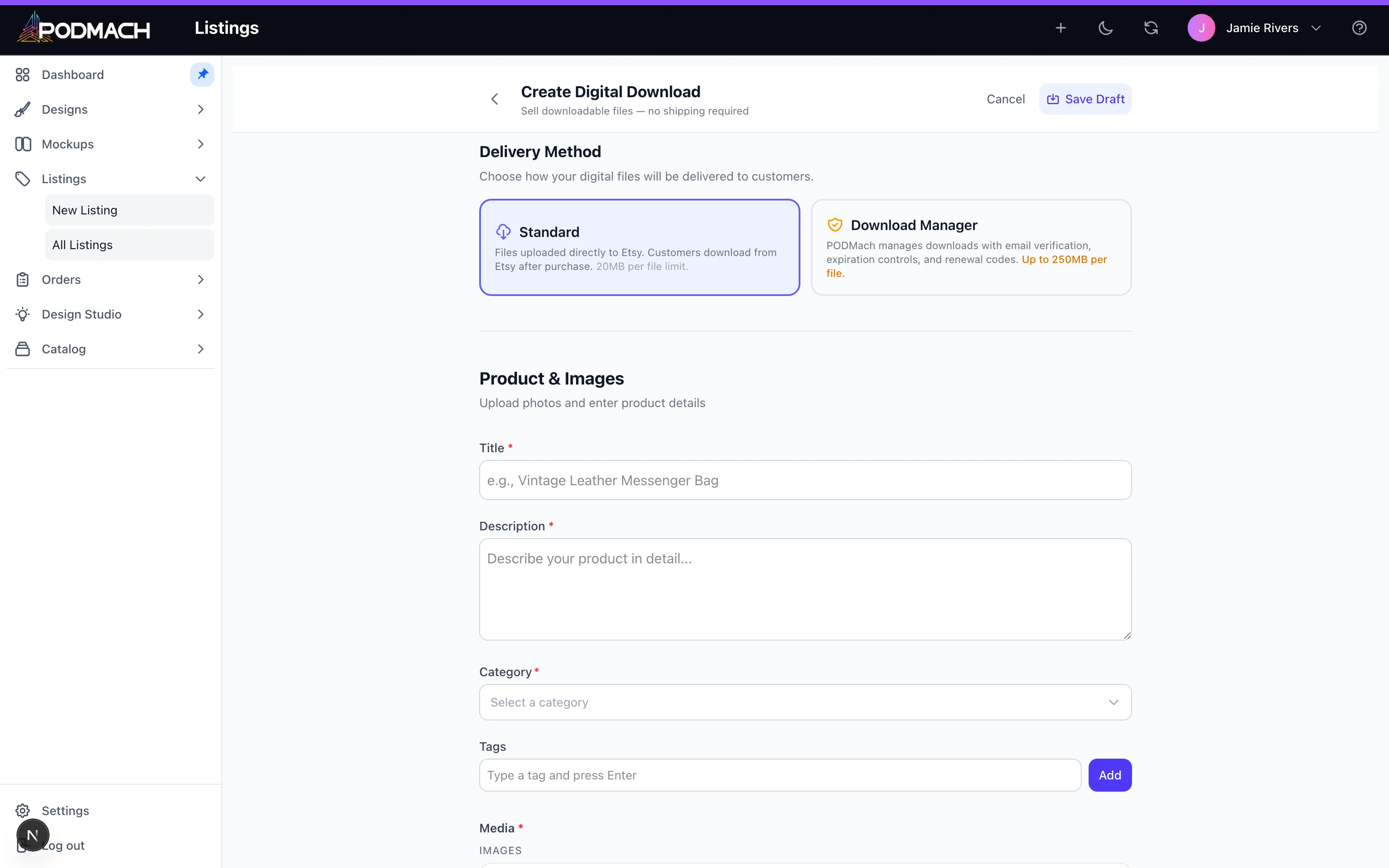 The digital flow — choose a delivery method, attach files, and skip production entirely.