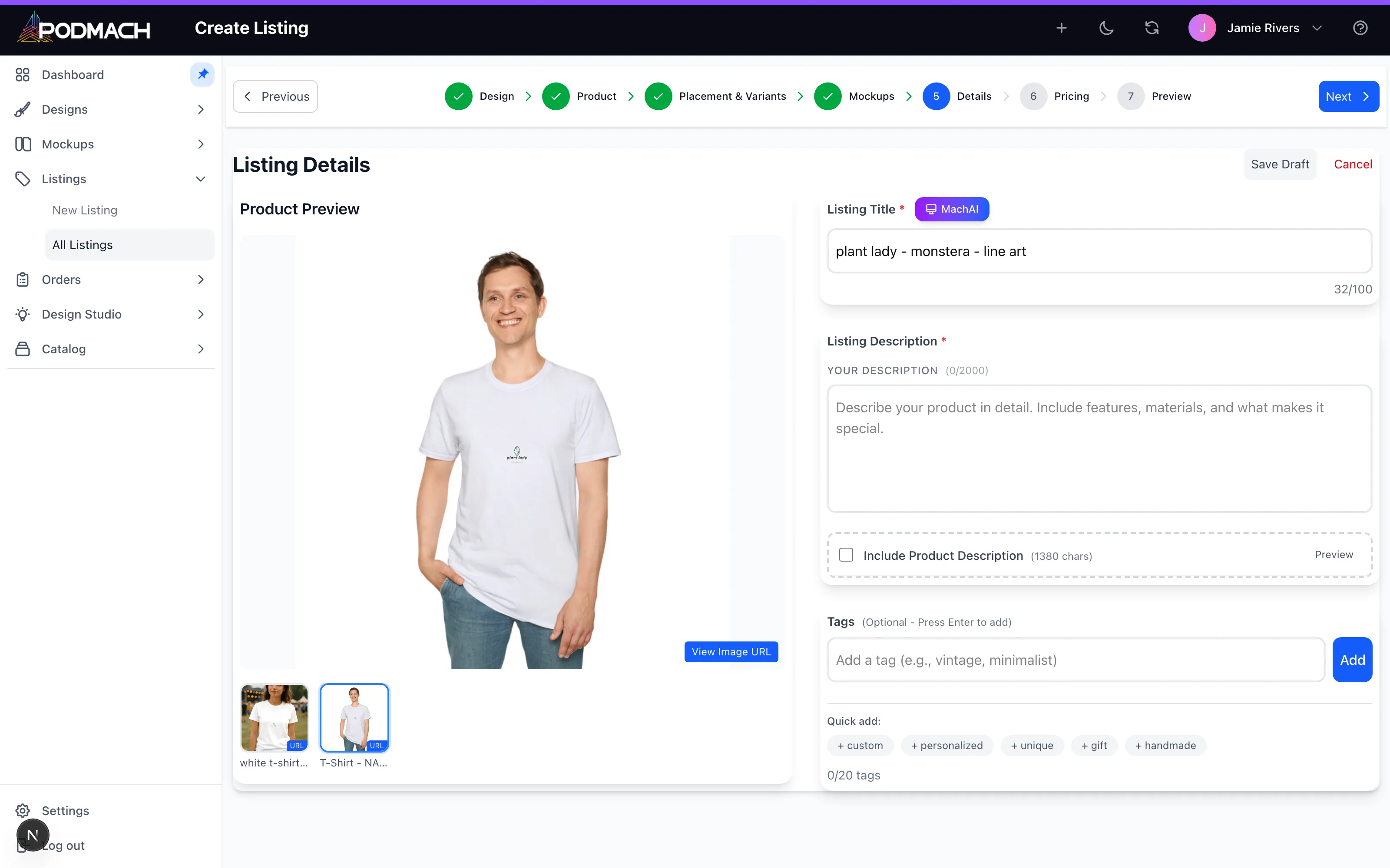 Title, description, and tags all live in the wizard's details step — the SEO layer of every listing.