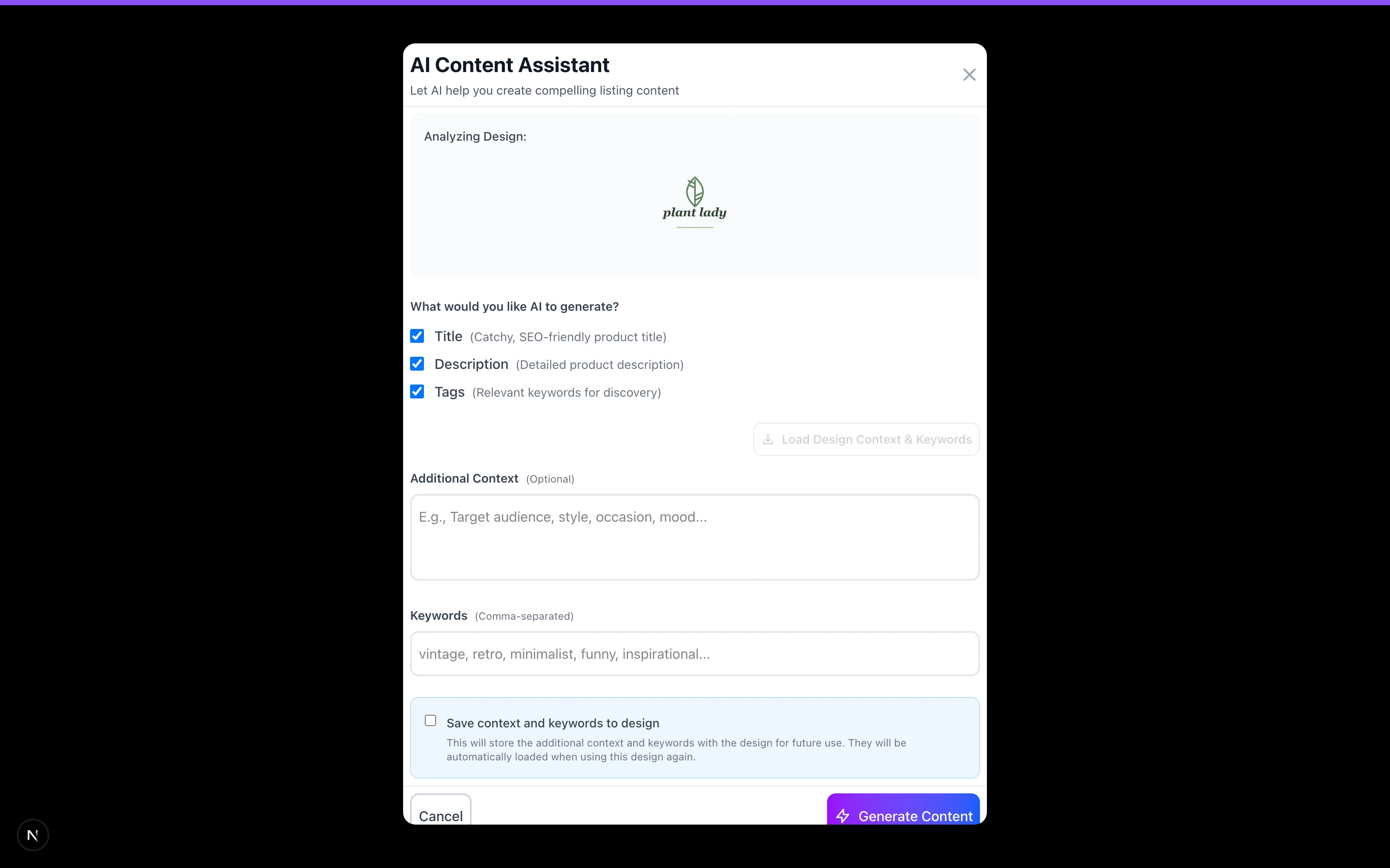 MACH AI's content assistant analyzes the design, then drafts title, description, and tags in one pass.