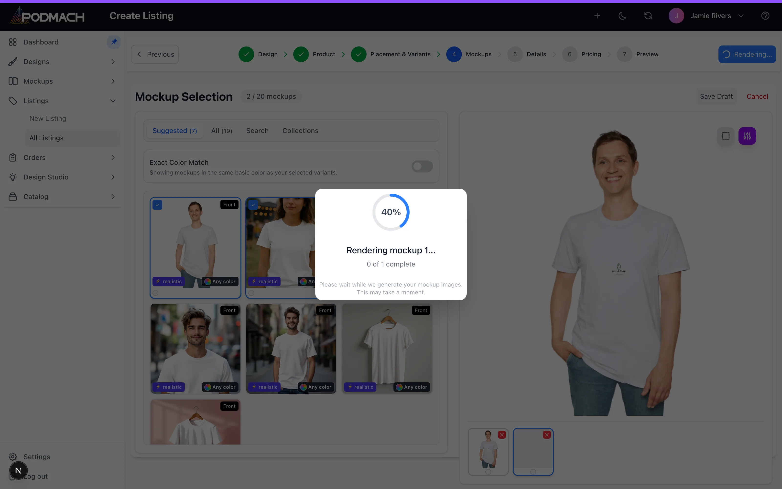 Mockup selection mid-render — suggested mockups on the left, your picks rendering with the design applied.