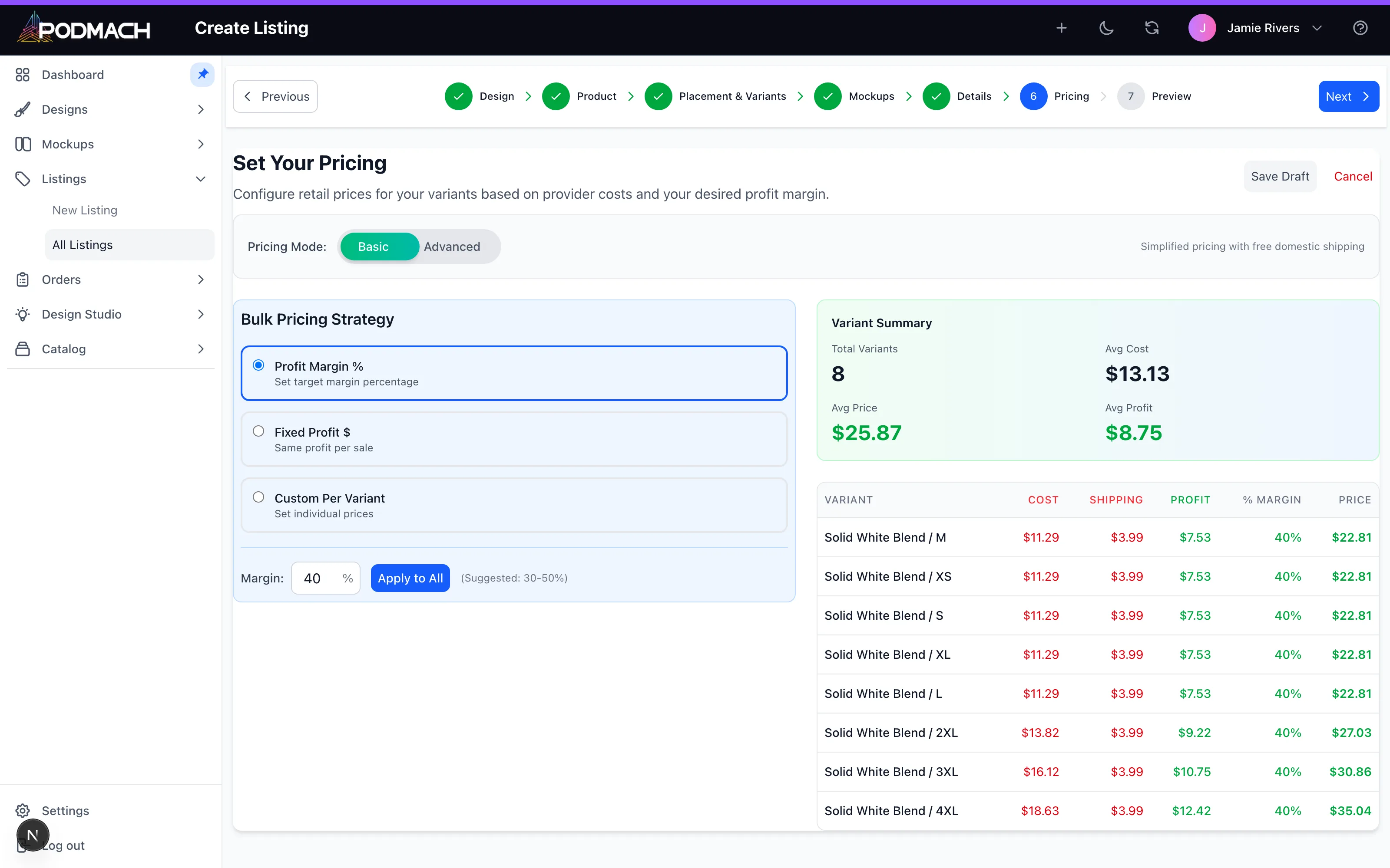 The wizard's pricing step — per-variant costs with the 2XL–4XL upcharges visible, margin computed per row.