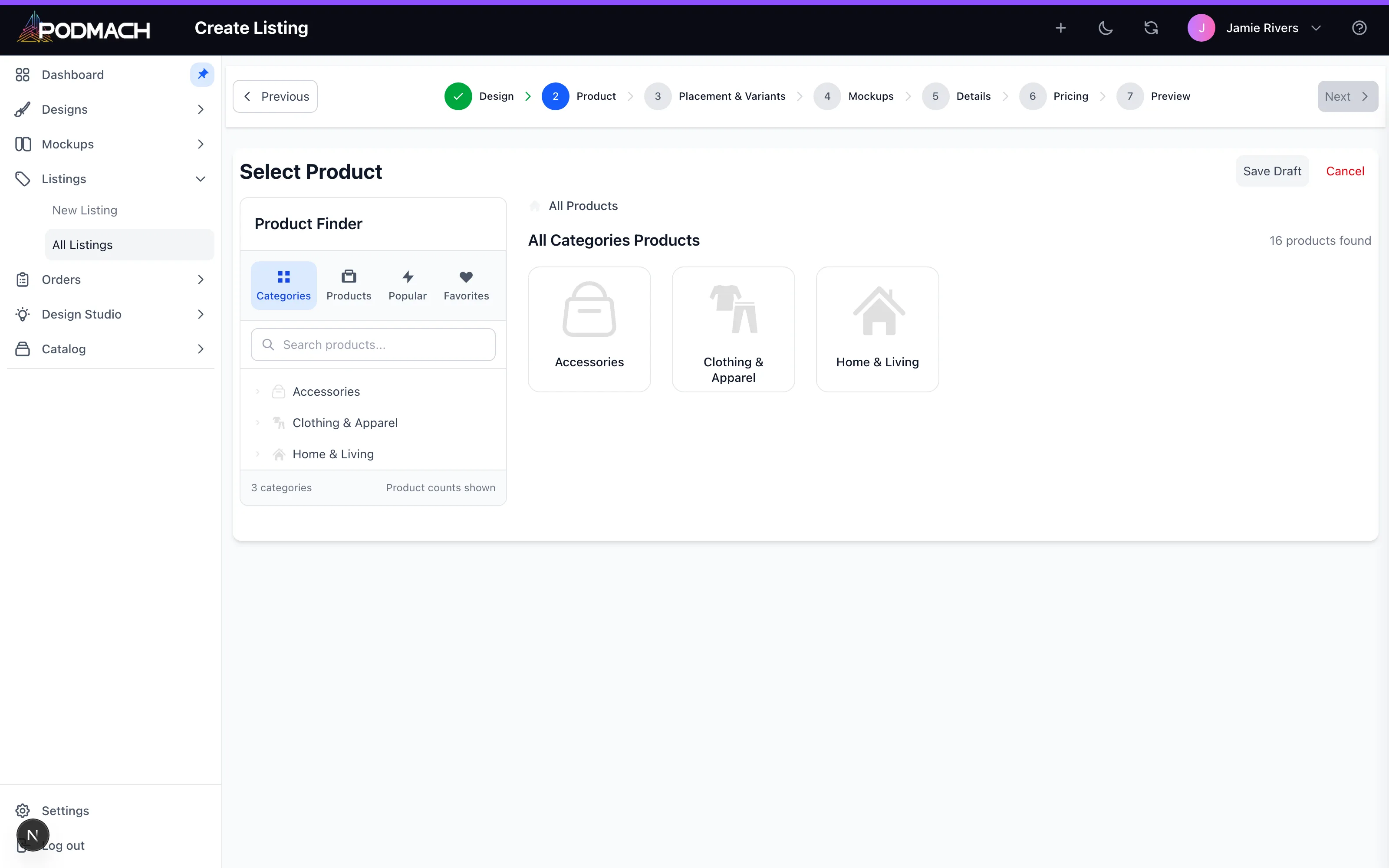 The wizard's product step — browse the synced catalog and pick the blueprint to build on.